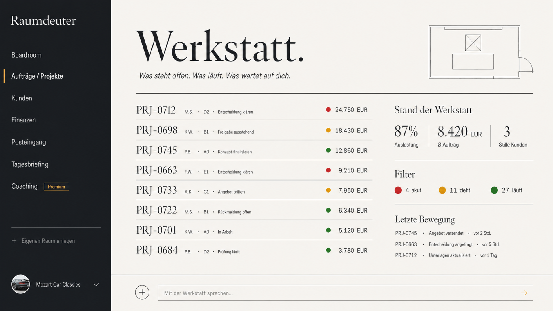 Raumdeuter UI Mockup ohne Kundendaten